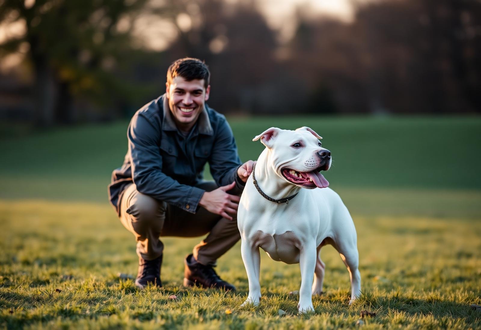 Επαγγελματίας εκπαιδευτής σκύλων με λευκό pitbull στο πάρκο
